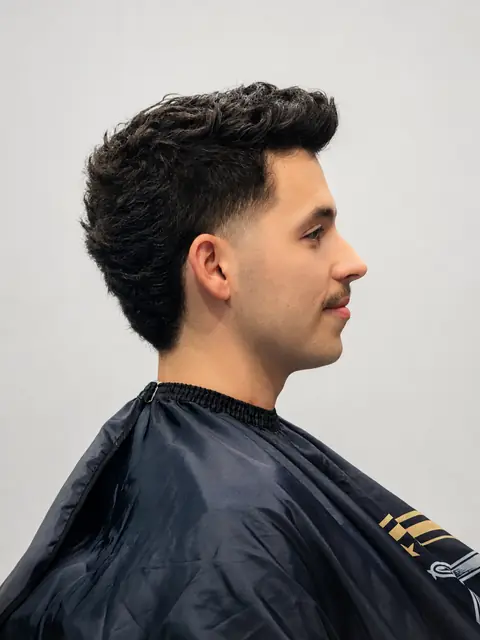 Low taper fade med bølget top og overskæg
